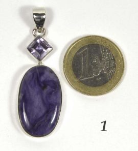 Lila Design Edelsteinanhänger Abbildung 1 mit 1-Euro-Stück