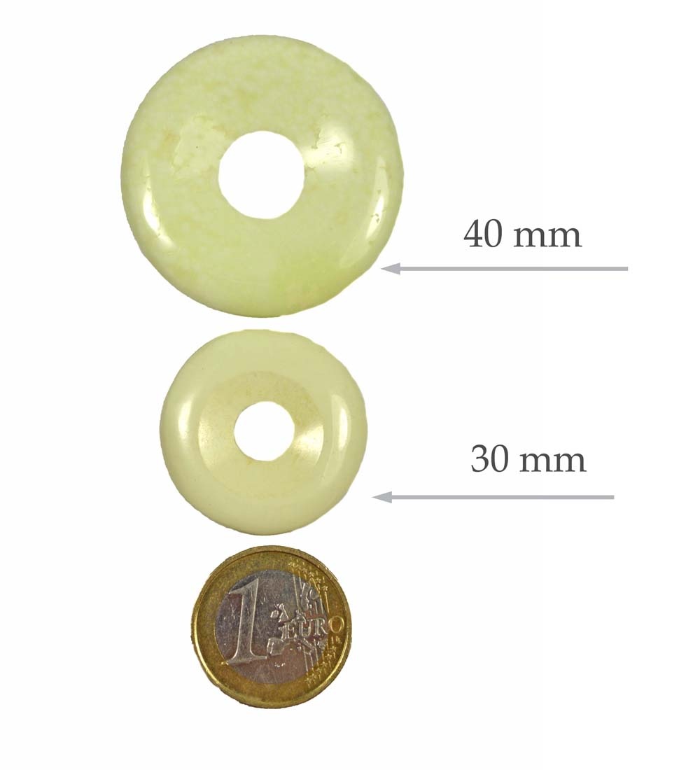 Zitronenchrysopras Donut verschiedene Größen mit 1-Euro-Münze