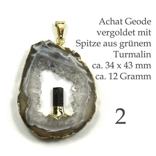 Exklusive Achat Geode vergoldet mit grünem Turmalin