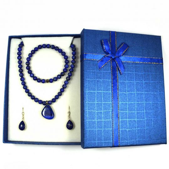 <p>blaues Lapislazuli Schmuck Set Kette Armband und Ohrringe</p>