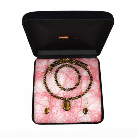 <p>gelb braun schimmerndes Tigerauge Schmuck Set Kette Armband und Ohrringe</p>